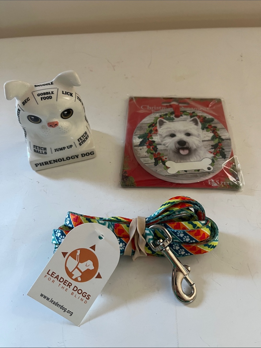 Dog lover accessories- Dog Phrenology, leash and Westie Xmas ornament